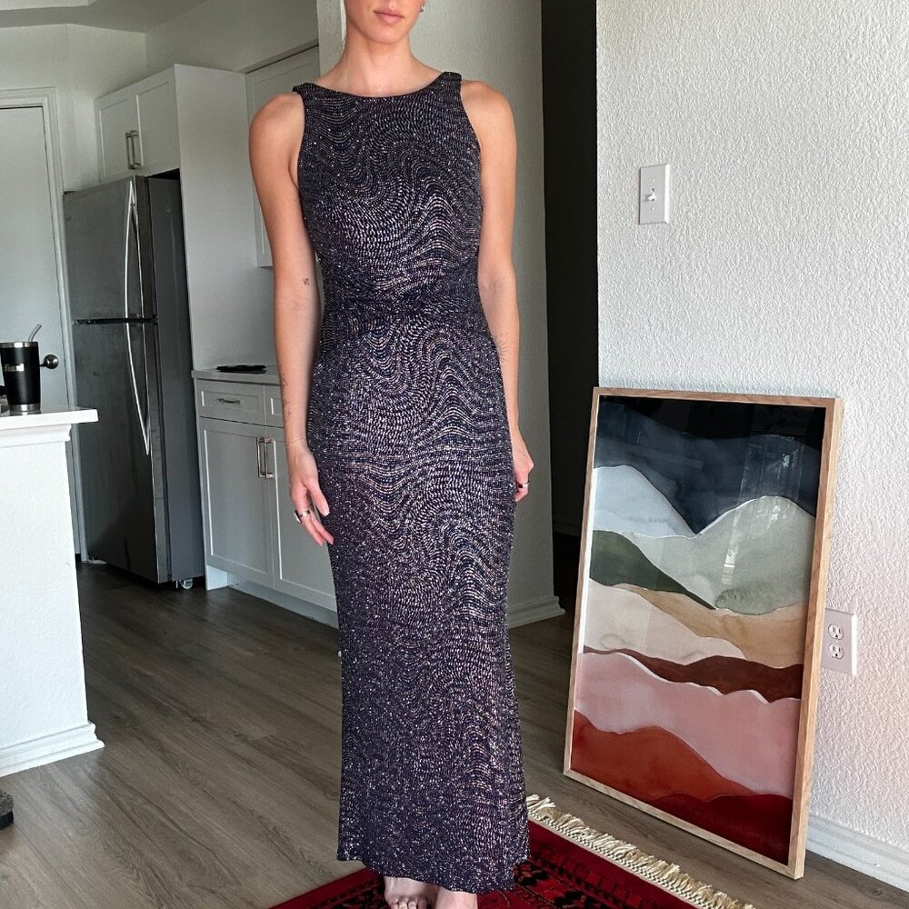 Vtg Scott McClintock Formal Navy Blue Stretch Sparkle Dress Sz 10 Twist Knot